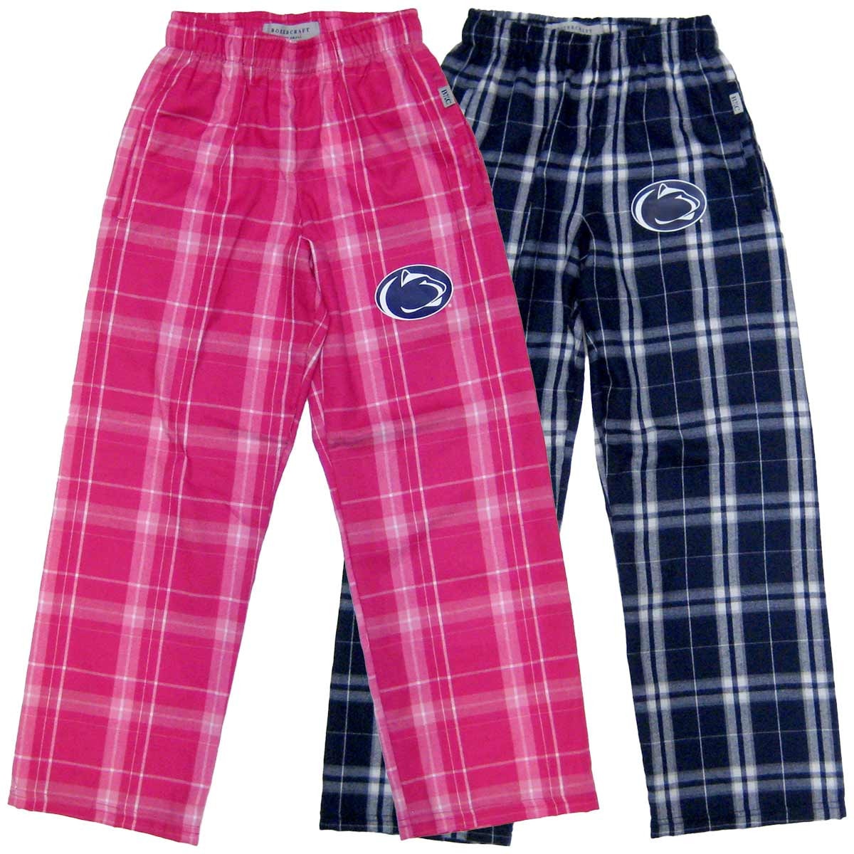 youth pink and navy plaid flannel pants with Penn State Athletic Logo on left thigh